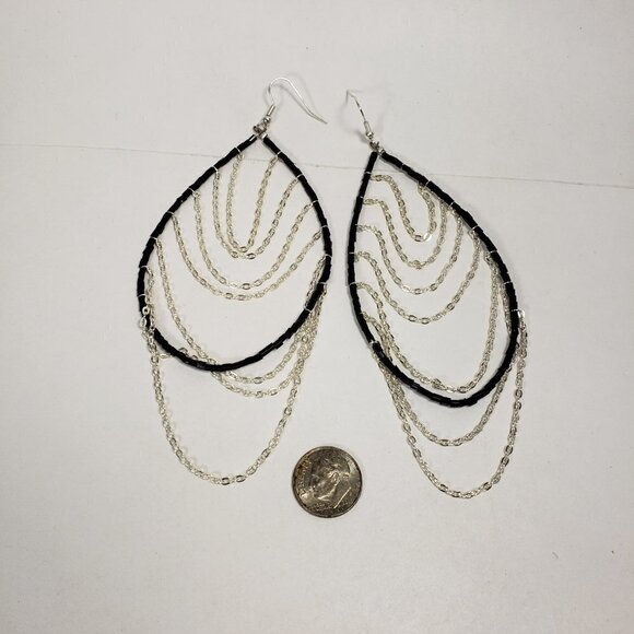 Women's Silver tone Dangling Chain - Black Beaded Hoop Fishhook Drop Earrings - Picture 6 of 6